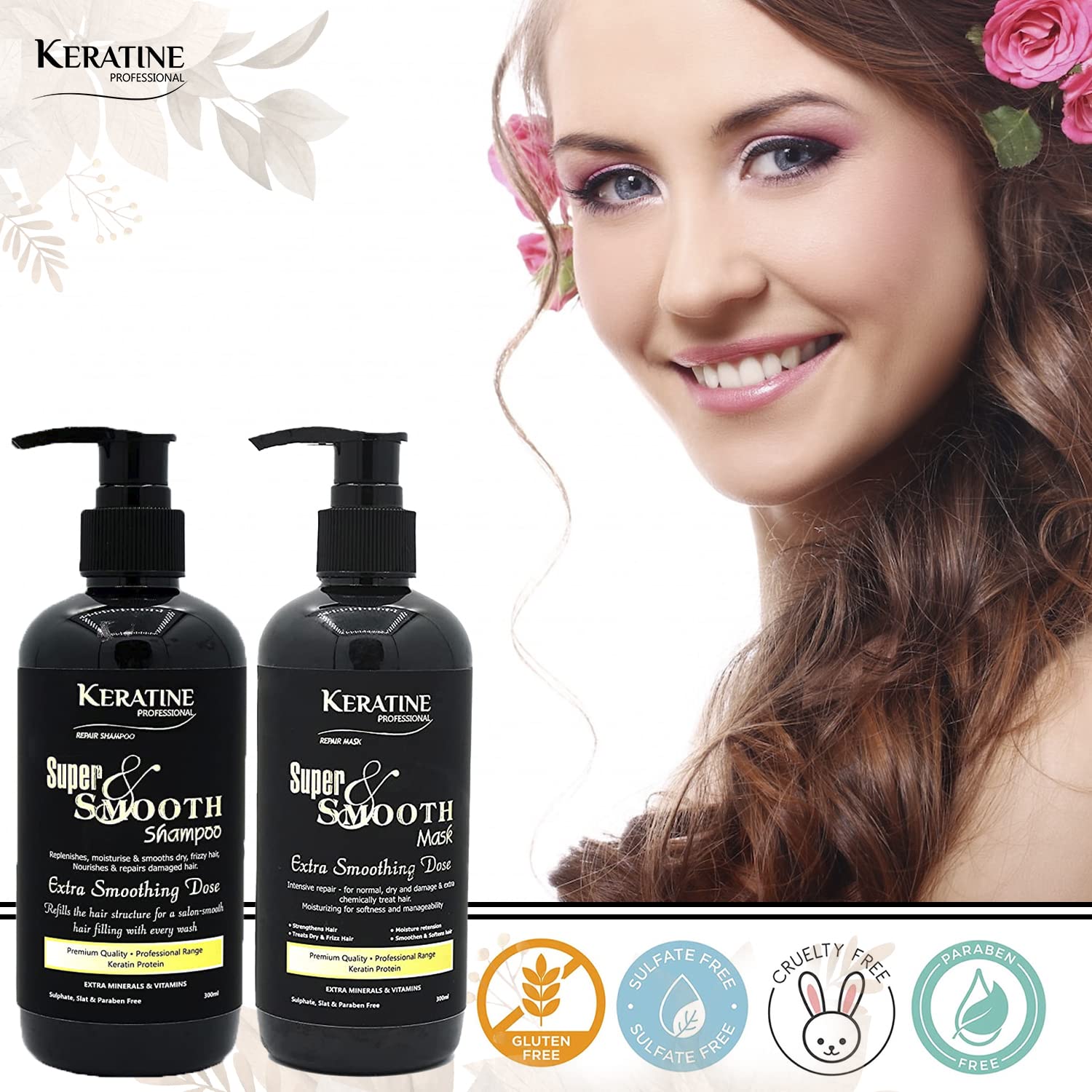 Keratine Super Smooth Repair Hair Shampoo & Mask (300ml Each) - Nourishing Formula