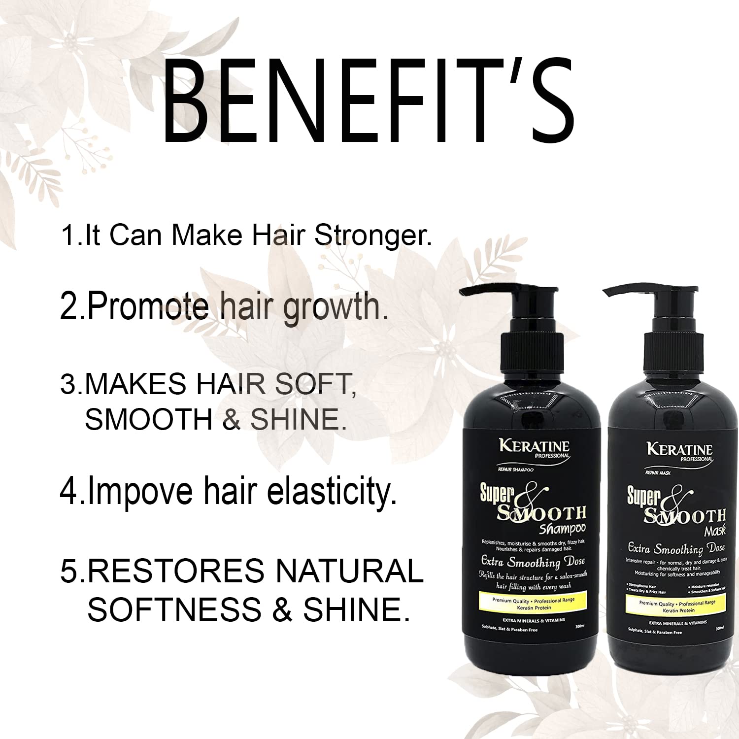 Keratine Super Smooth Repair Hair Shampoo & Mask (300ml Each) - Nourishing Formula