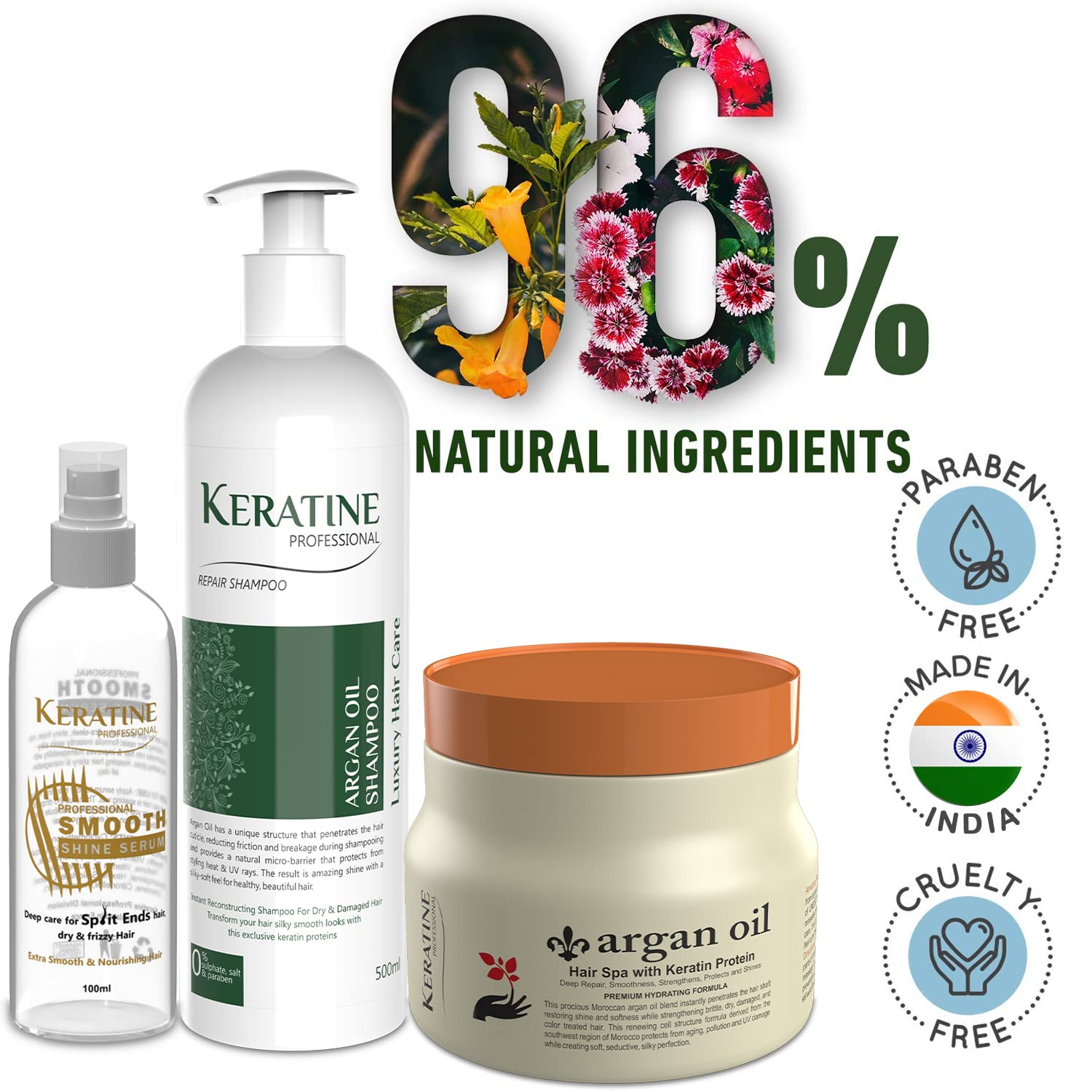 Keratine Professional Moroccan Argan Oil Shampoo & Mask Combo 500ml Each & Serum (500ml) - Nourishing Formula