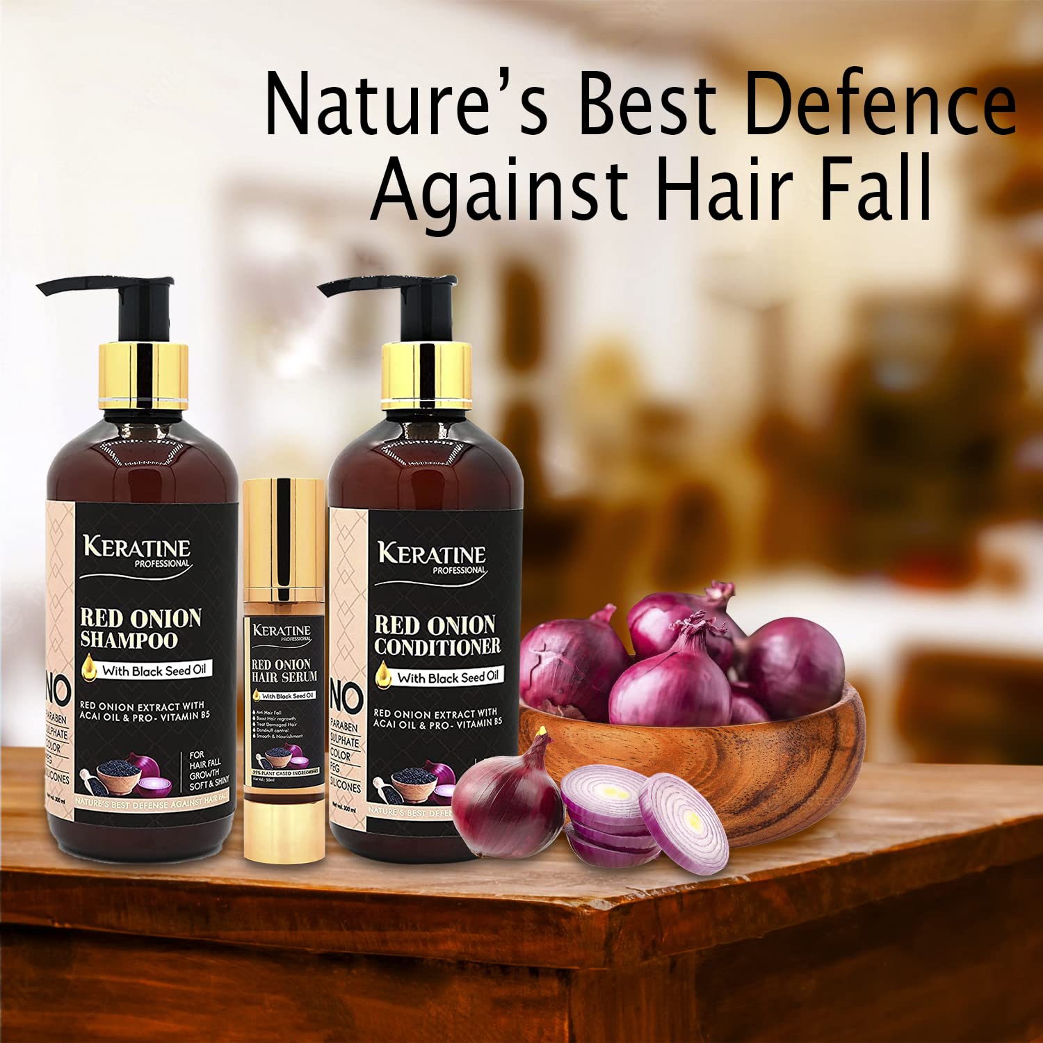 Keratine Sulphate Free Red Onion Oil Hair Shampoo, Conditioner 300ml And Serum (300ml) - Nourishing Formula