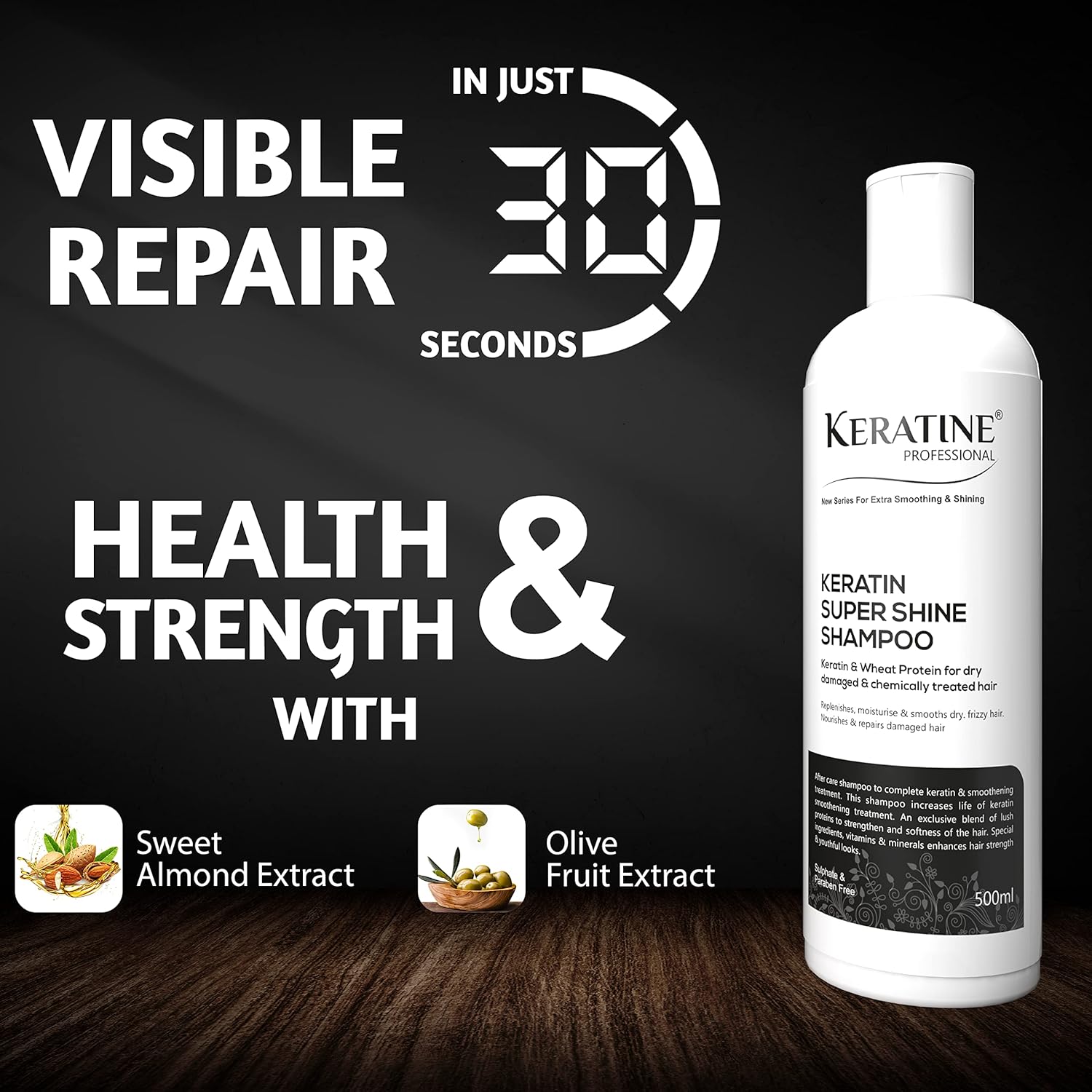 KERATINE PROFESSIONAL Keratin Super Shine Shampoo 500ml | Infused with Keratin and Wheat Protein for Dry damaged and Chemically Treated Hair | Sulphate and Paraben Free Made in India (500 ml)