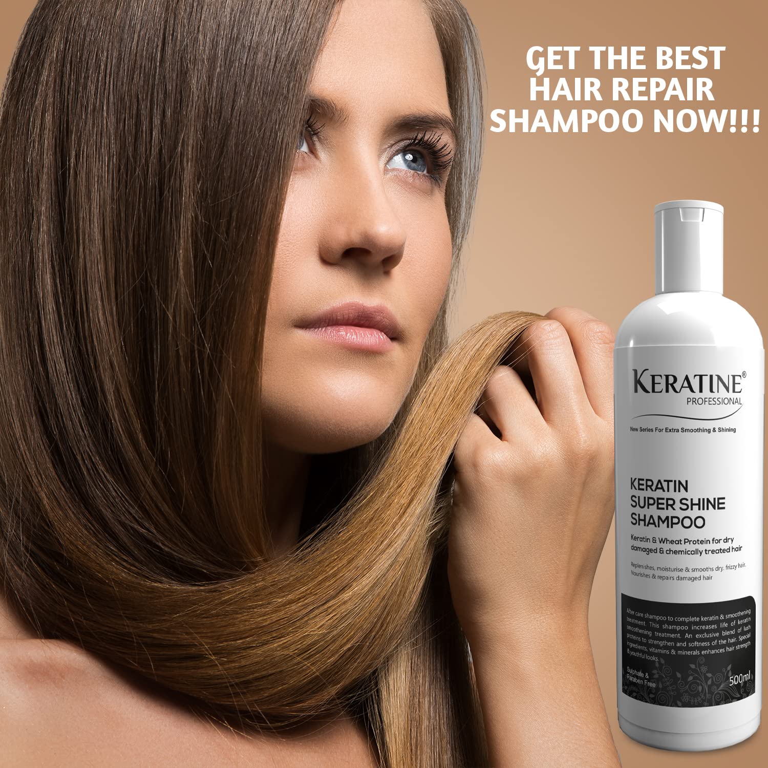 KERATINE PROFESSIONAL Keratin Super Shine Shampoo 500ml | Infused with Keratin and Wheat Protein for Dry damaged and Chemically Treated Hair | Sulphate and Paraben Free Made in India (500 ml)