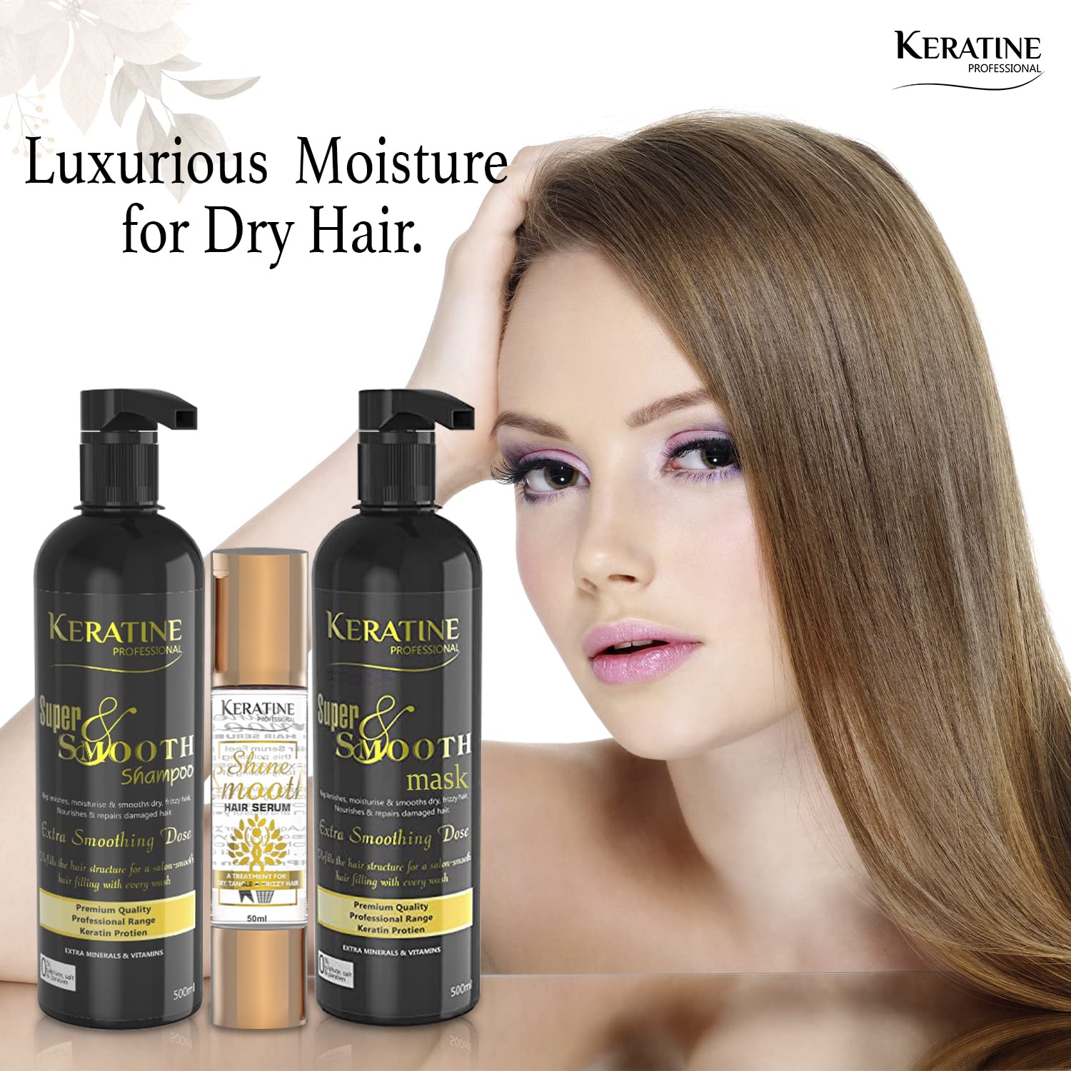 Keratine Super Smooth Repair Hair Shampoo & Mask (500ml)  + Shiner Boost Hair Serum (50ml) - Nourishing Formula