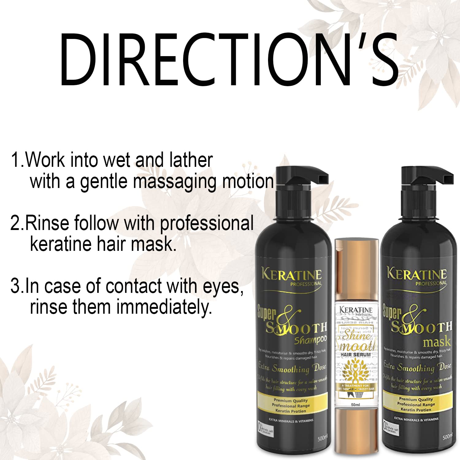 Keratine Super Smooth Repair Hair Shampoo & Mask (500ml)  + Shiner Boost Hair Serum (50ml) - Nourishing Formula